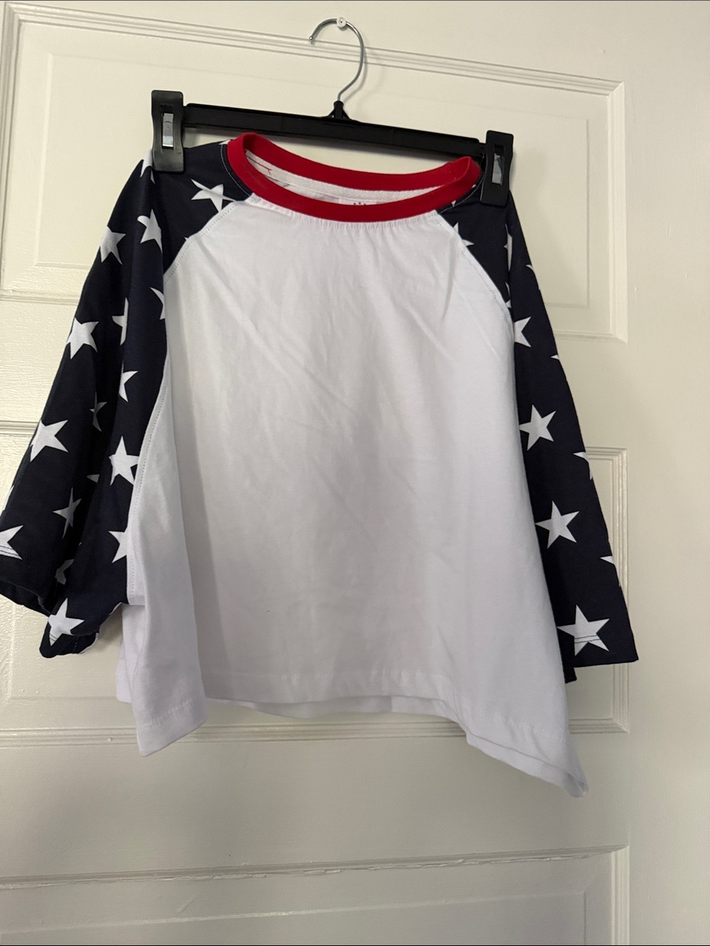 Kids White Raglan Tee with Navy Star Sleeves and Red Neckline